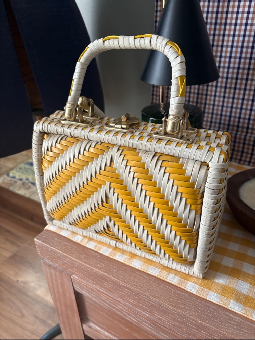 Vintage Yellow & Cream Woven Top-Handle Mini Bag